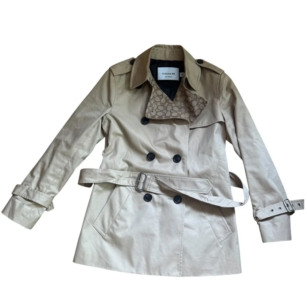 Coach Modern Trench Coat Signature Logo Trim Tan XS